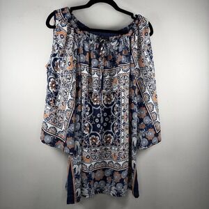 New Directions Plus 1X Floral Print Top Bell Sleeve Navy Blouse boho